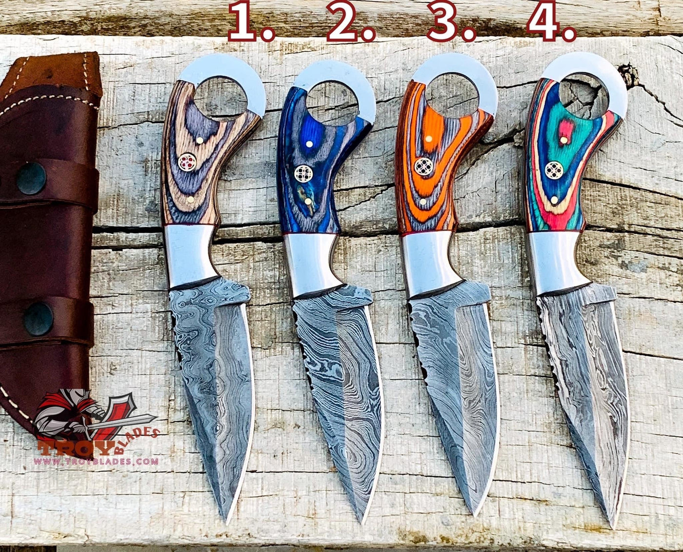 Custom Handmade Damascus Ring Hole Hunting Knives - Troy Blades