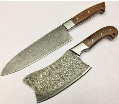 Custom Handmade Damascus Cleaver chef set of 2 - Troy Blades
