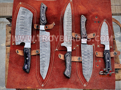 HAND FORGED DAMASCUS STEEL CHEF KNIFE Set Kitchen Knives -Pro5 - Troy Blades