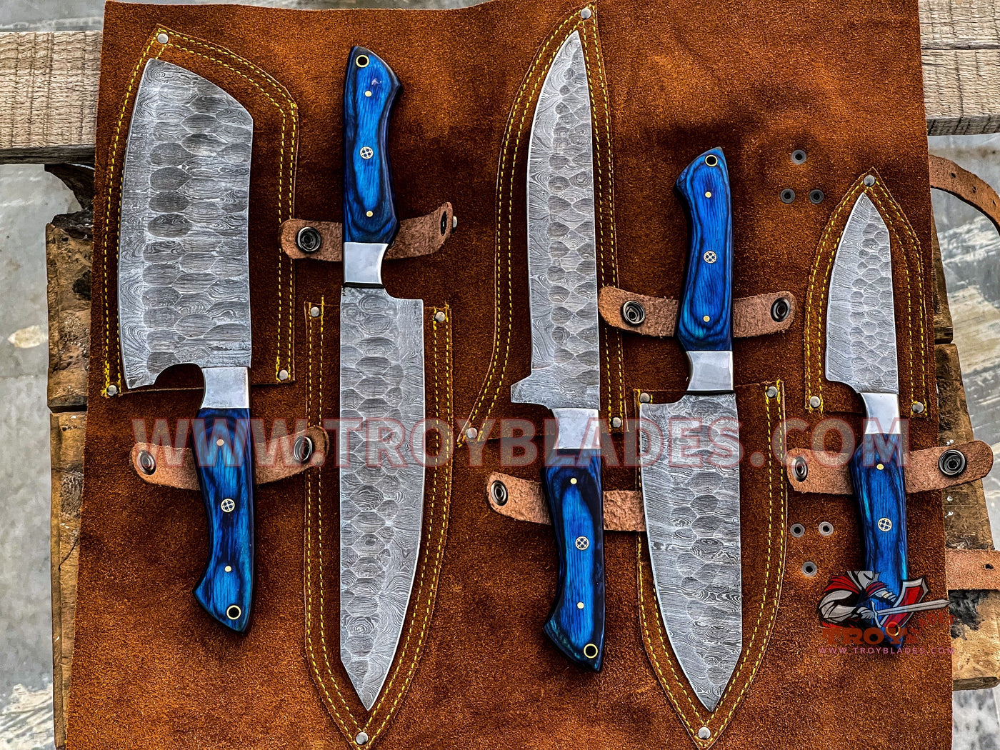 HAND FORGED DAMASCUS STEEL CHEF KNIFE Set Kitchen Knives -Pro5 - Troy Blades