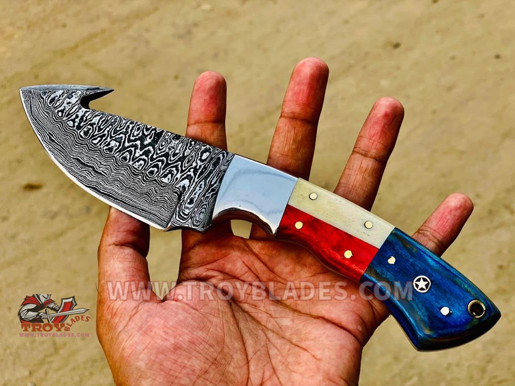8.7” Custom Handmade Damascus Deer Hunting Gut hook knife - Troy Blades