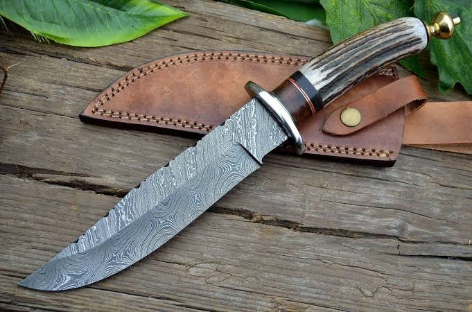Custom handmade Damascus Antler Handle Bowie - Troy Blades