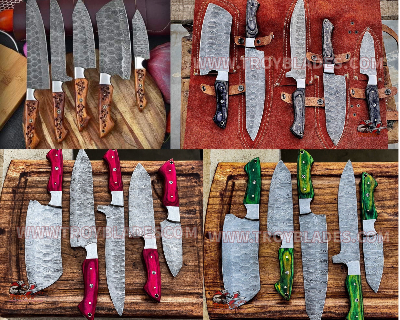 Hand Forged Custom Handmade Damascus Kitchen/BBq knives sets pro5 - Troy Blades