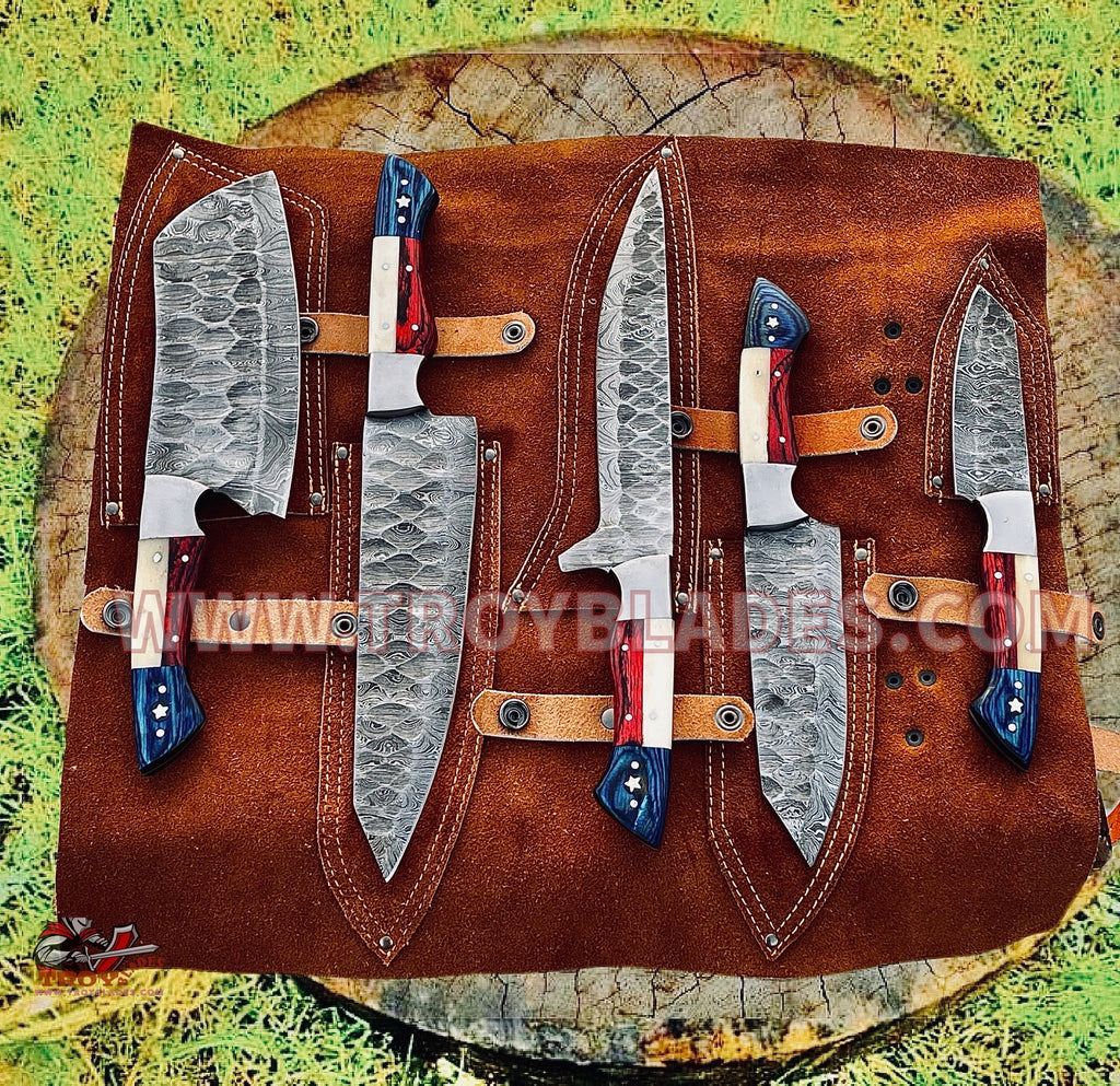 Texas Flag Handles Custom Handmade Damascus Outdoor Kitchen/BBq knives set - Troy Blades