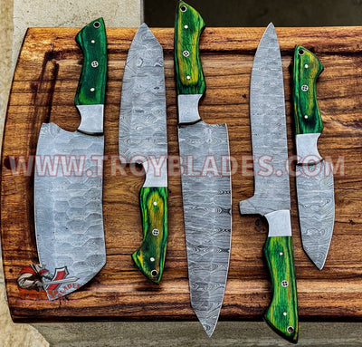 Hand Forged Custom Handmade Damascus Kitchen/BBq knives sets pro5 - Troy Blades