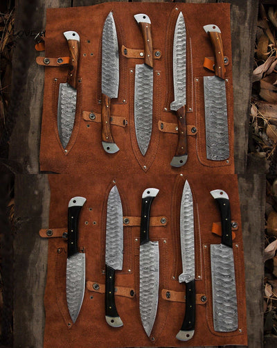 5-Pcs Handmade Damascus steel chef knife Set/Kitchen knife Leather Roll/valentine Gift/Kitchen and Dinning/gift for her/Christmas gift - Troy Blades