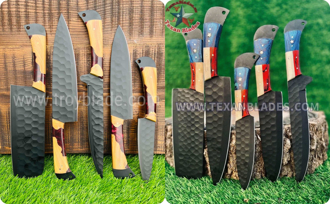 Custom Handmade BBq/Kitchen Set | Leather Roll - Troy Blades