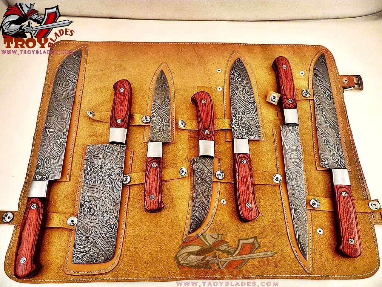 Beautiful Custom Handmade Damascus kitchen knives set - Troy Blades