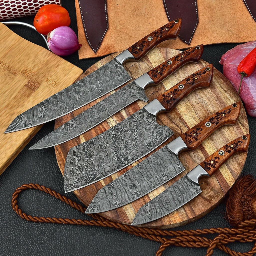 Custom Handmade HAND FORGED DAMASCUS STEEL CHEF KNIFE Set Kitchen Knives -Pro5 - Troy Blades