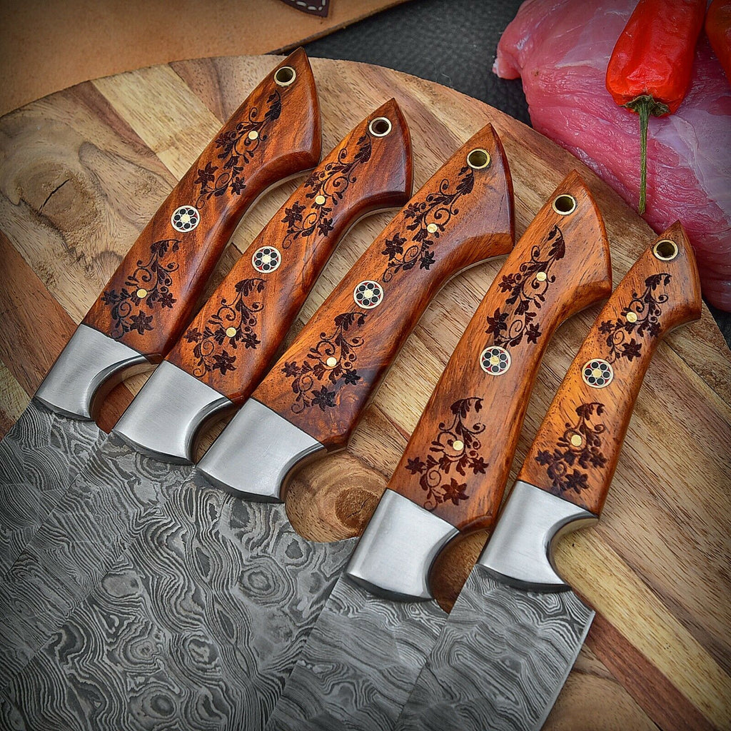 Custom Handmade HAND FORGED DAMASCUS STEEL CHEF KNIFE Set Kitchen Knives -Pro5 - Troy Blades