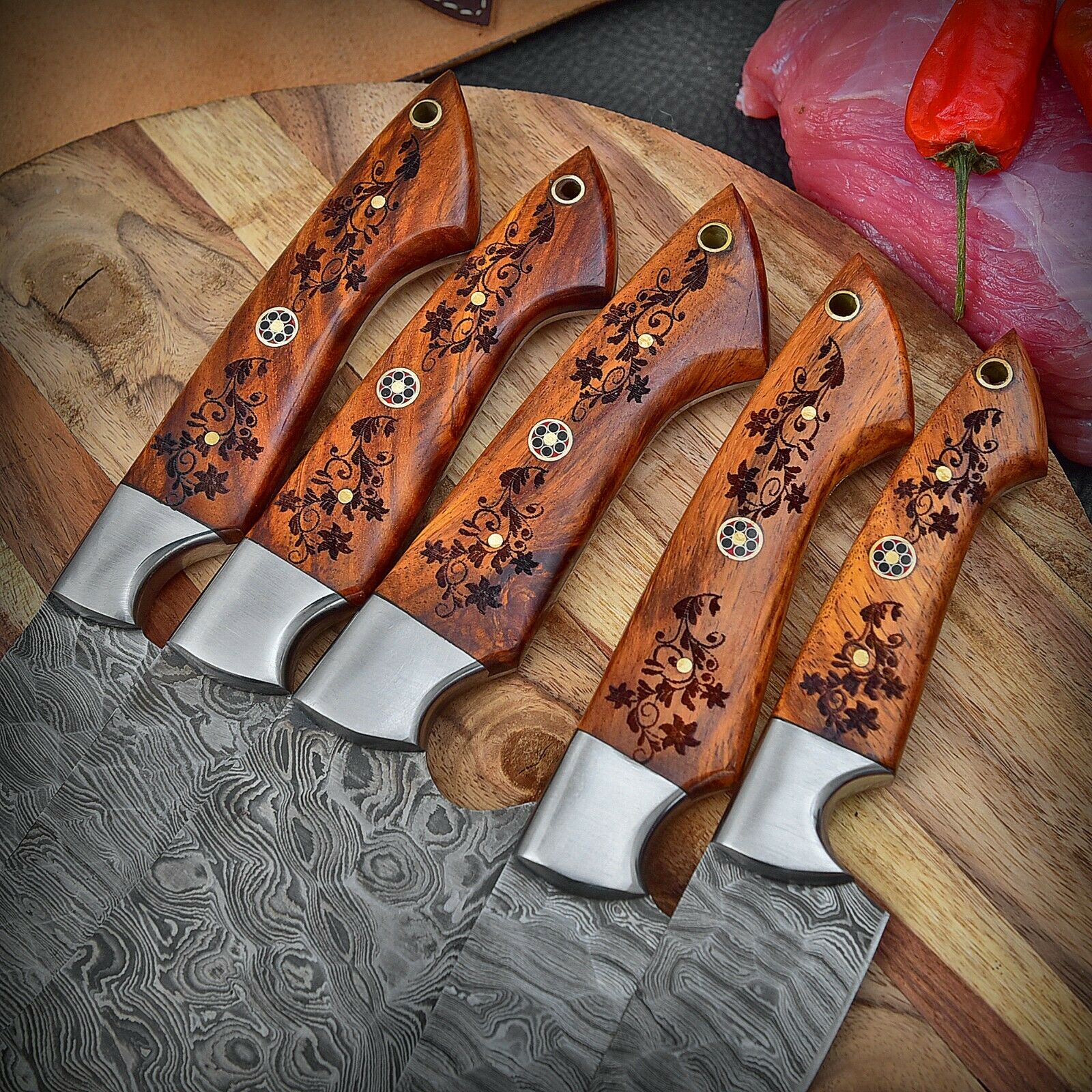 Custom Handmade HAND FORGED DAMASCUS STEEL CHEF KNIFE Set Kitchen Knives -Pro5 - Troy Blades