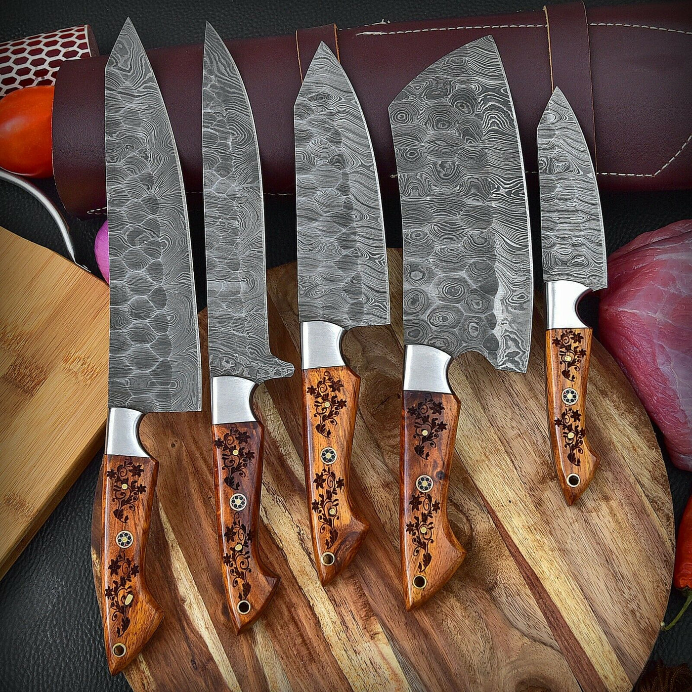 Custom Handmade HAND FORGED DAMASCUS STEEL CHEF KNIFE Set Kitchen Knives -Pro5 - Troy Blades