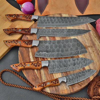 Custom Handmade HAND FORGED DAMASCUS STEEL CHEF KNIFE Set Kitchen Knives -Pro5 - Troy Blades