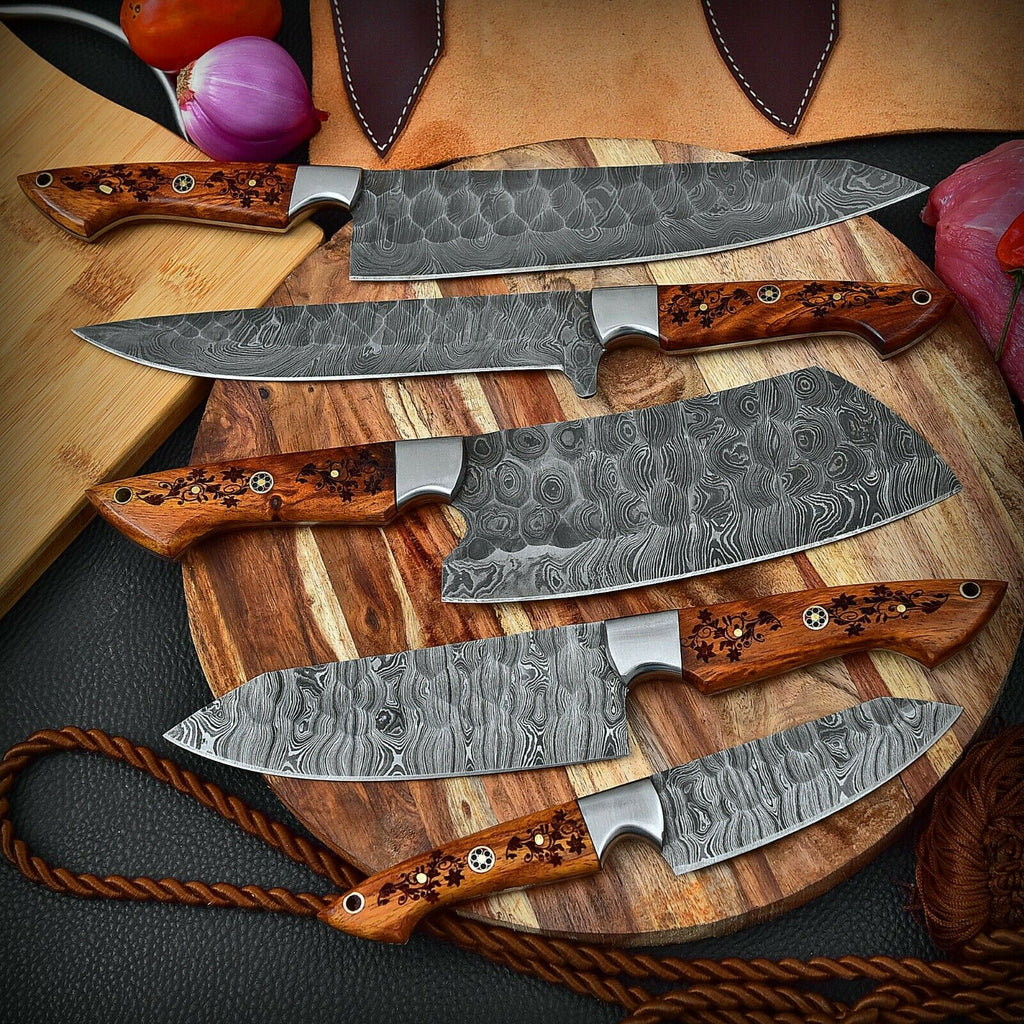 Custom Handmade HAND FORGED DAMASCUS STEEL CHEF KNIFE Set Kitchen Knives -Pro5 - Troy Blades