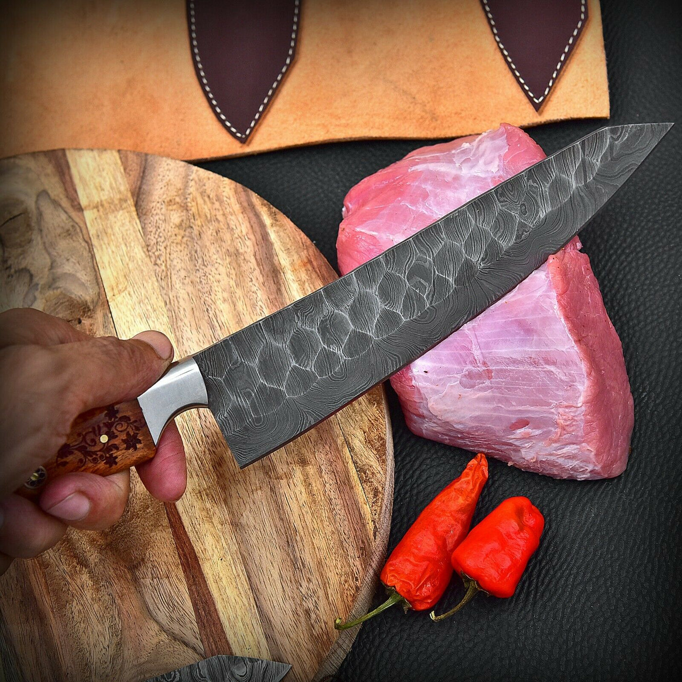 Custom Handmade HAND FORGED DAMASCUS STEEL CHEF KNIFE Set Kitchen Knives -Pro5 - Troy Blades