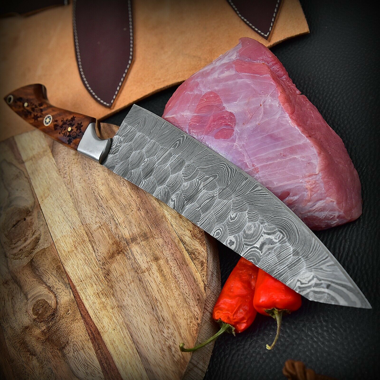 Custom Handmade HAND FORGED DAMASCUS STEEL CHEF KNIFE Set Kitchen Knives -Pro5 - Troy Blades