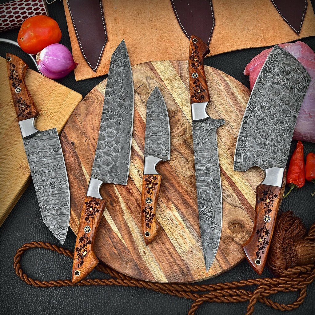 Custom Handmade HAND FORGED DAMASCUS STEEL CHEF KNIFE Set Kitchen Knives -Pro5 - Troy Blades