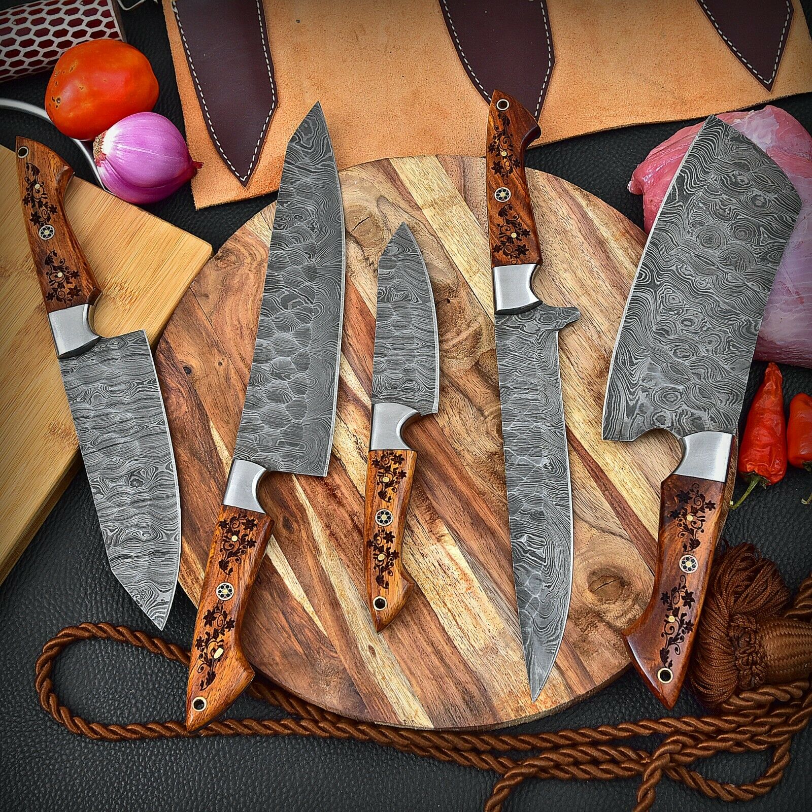 Custom Handmade HAND FORGED DAMASCUS STEEL CHEF KNIFE Set Kitchen Knives -Pro5 - Troy Blades