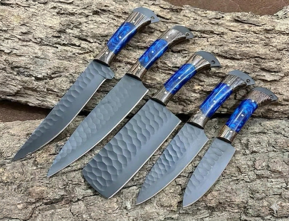 Custom 5-Piece Chef Knife Set | Hammered Steel Blades with Blue Epoxy Handles Texan Blades