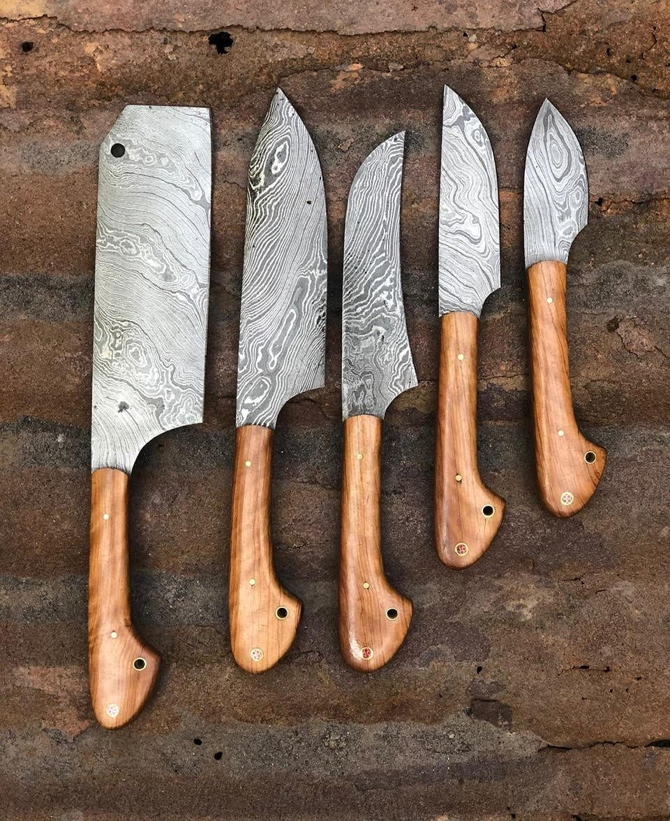 Custom hand made Damascus steel outdoor kitchen knives set - Troy Blades