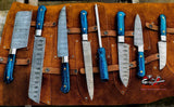 Beautiful Custom Blue hand made Damascus steel kitchen knives set 07 Rod All