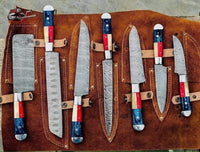 Beautiful Custom Blue hand made Damascus steel kitchen knives set 07 Rod All