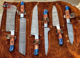 Beautiful Custom Blue hand made Damascus steel kitchen knives set 06 All
