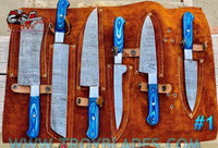 Beautiful Custom Blue hand made Damascus steel kitchen knives set 06