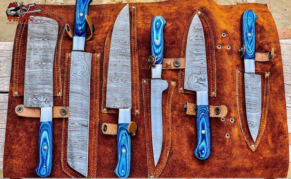 Beautiful Custom Blue hand made Damascus steel kitchen knives set 06 All