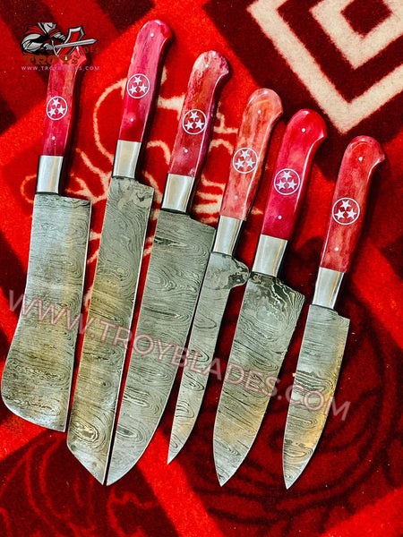 Tennessee Beautiful Custom hand made Damascus steel kitchen knives set - Troy Blades