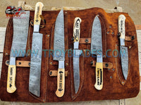 Engraved Beautiful Custom hand made Damascus steel kitchen knives set 06