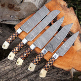 Beautiful Custom hand made Damascus steel kitchen knives set b+w