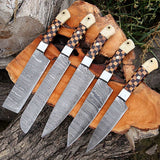 Beautiful Custom hand made Damascus steel kitchen knives set b+w