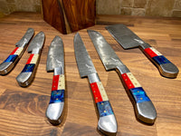 Custom Handmade Damascus Texas Flag Handles Knives set of 7