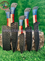 Texas Flag Handles The Valhalla-Black  | 5-Piece Set + Leather Roll - Troy Blades