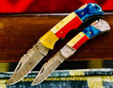 Texas Handles Beautiful Custom Handmade Damascus Pocket knives Pair