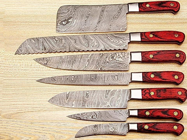 Custom hand made Damascus steel kitchen knives set of 7 - Troy Blades