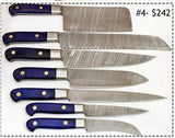 Beautiful Custom Blue hand made Damascus steel kitchen knives set 07 Rod All