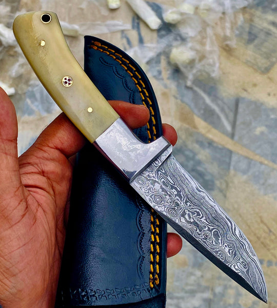 GIFT SERIES Custom Handmade Damascus Hunting skinning knife with Leather sheathe - Troy Blades