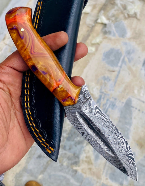 GIFT SERIES Custom Handmade Damascus Hunting skinning knife with Leather sheathe - Troy Blades