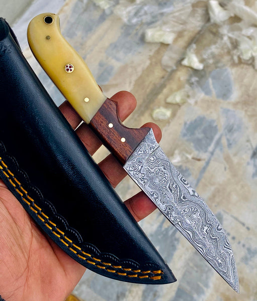 GIFT SERIES Custom Handmade Damascus Hunting skinning knife with Leather sheathe - Troy Blades