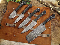 5-Pcs Handmade Damascus steel chef knife Set/Kitchen knife Leather Roll/valentine Gift/Kitchen and Dinning/gift for her/Christmas gift