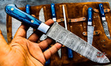 Beautiful Custom hand made Damascus steel kitchen knives set 1081blue