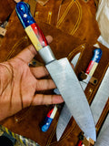 Texas Handles Beautiful Custom hand made Damascus steel kitchen knives set