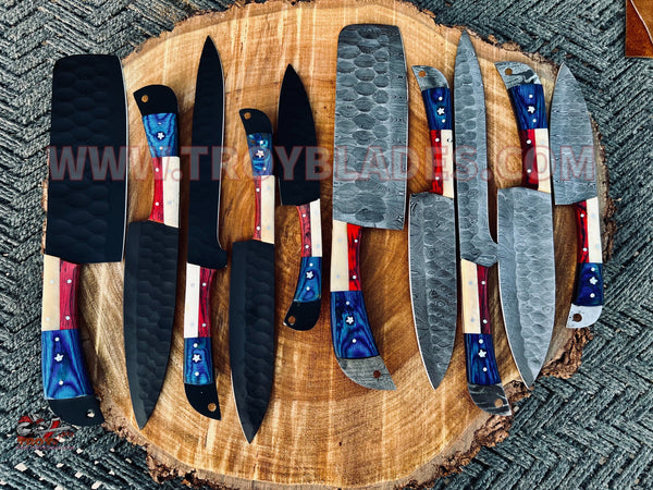 Texas Handles Beautiful Custom Handmade Damascus BBQ/kitchen knives sets