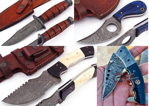 Deal of 4 custom Handmade Damascus knives with sheathes