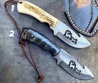 Custom Handmade Damascus Hunting skinning knife with Leather sheathe deer dog wirecut