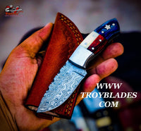 Texas Flag Handles Beautiful Custom Handmade Damascus Camp Hunting Skinning Knife