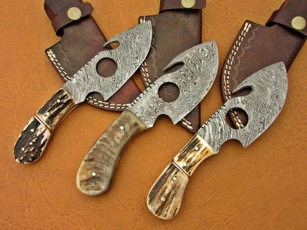Lot of 3 Damascus Steel Custom Handmade Hunting Gut Hook Bushcraft Knife