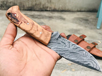 Custom Handmade Damascus Hunting skinning knife with Leather sheathe